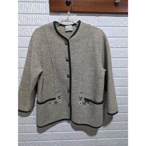 Stapf Womens Made in Austria Gray Green Trim Wool Cardigan Sweater Size 44 (XL)